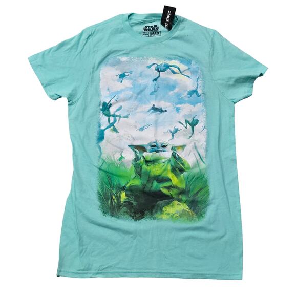 Star Wars Hot Topic Mandalorian Baby Yoda Grogu Frog Flying Short Sleeve Shirt - Picture 1 of 9